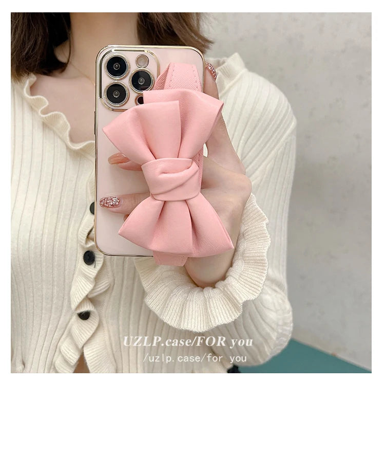 Leather Bow Stand Case for iPhone 11-16 & Pro Max - Soft Plating Camera Protection