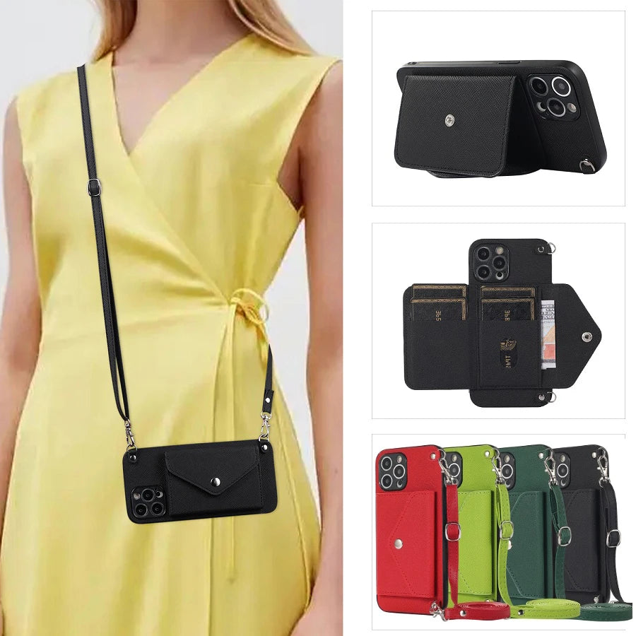 Crossbody Leather Wallet Case with Strap for iPhone 11-16 Pro Max, Mini, Plus