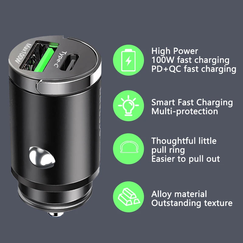 100W Mini Fast Car Charger QC3.0 PD USB Type-C for iPhone, Samsung, Xiaomi