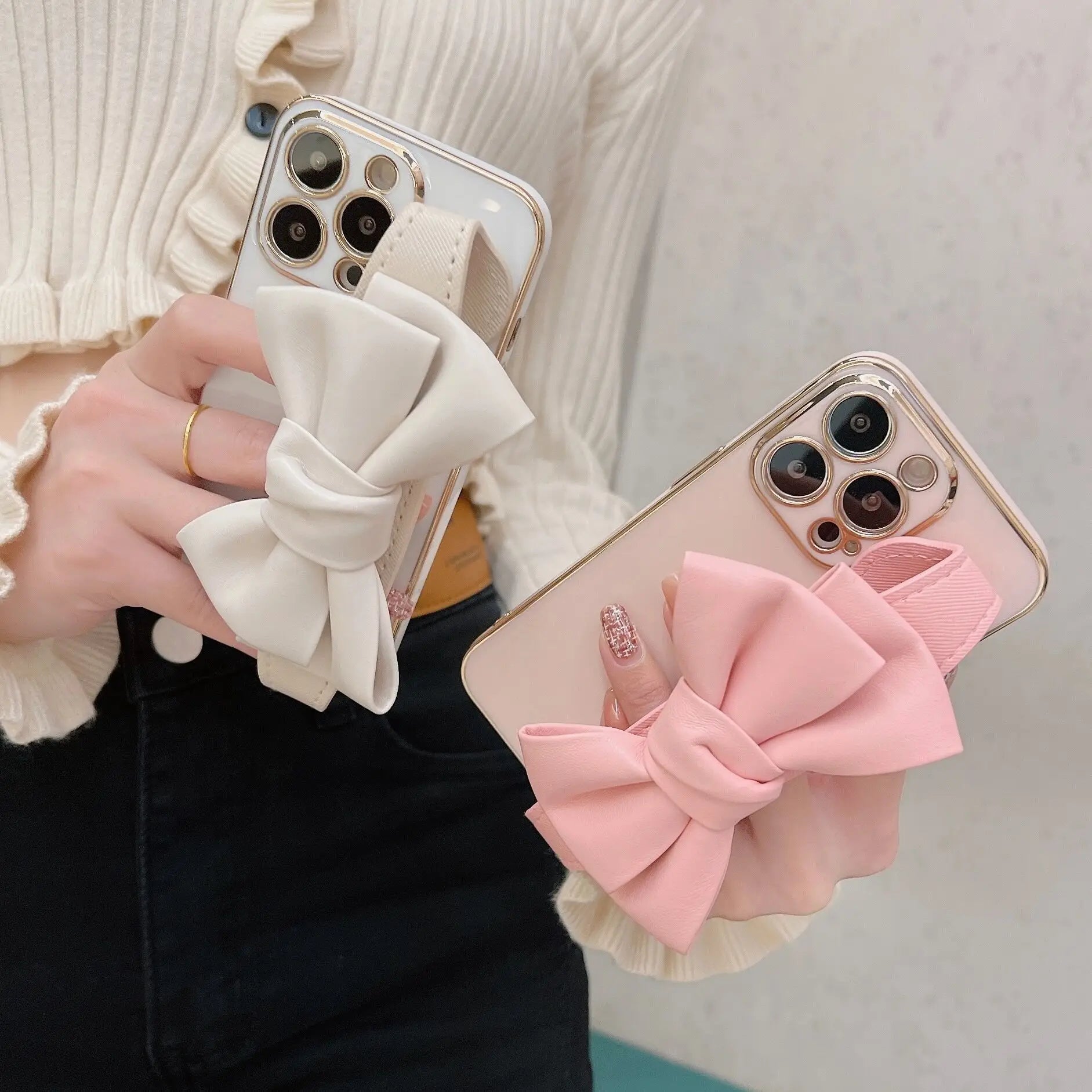 Leather Bow Stand Case for iPhone 11-16 & Pro Max - Soft Plating Camera Protection