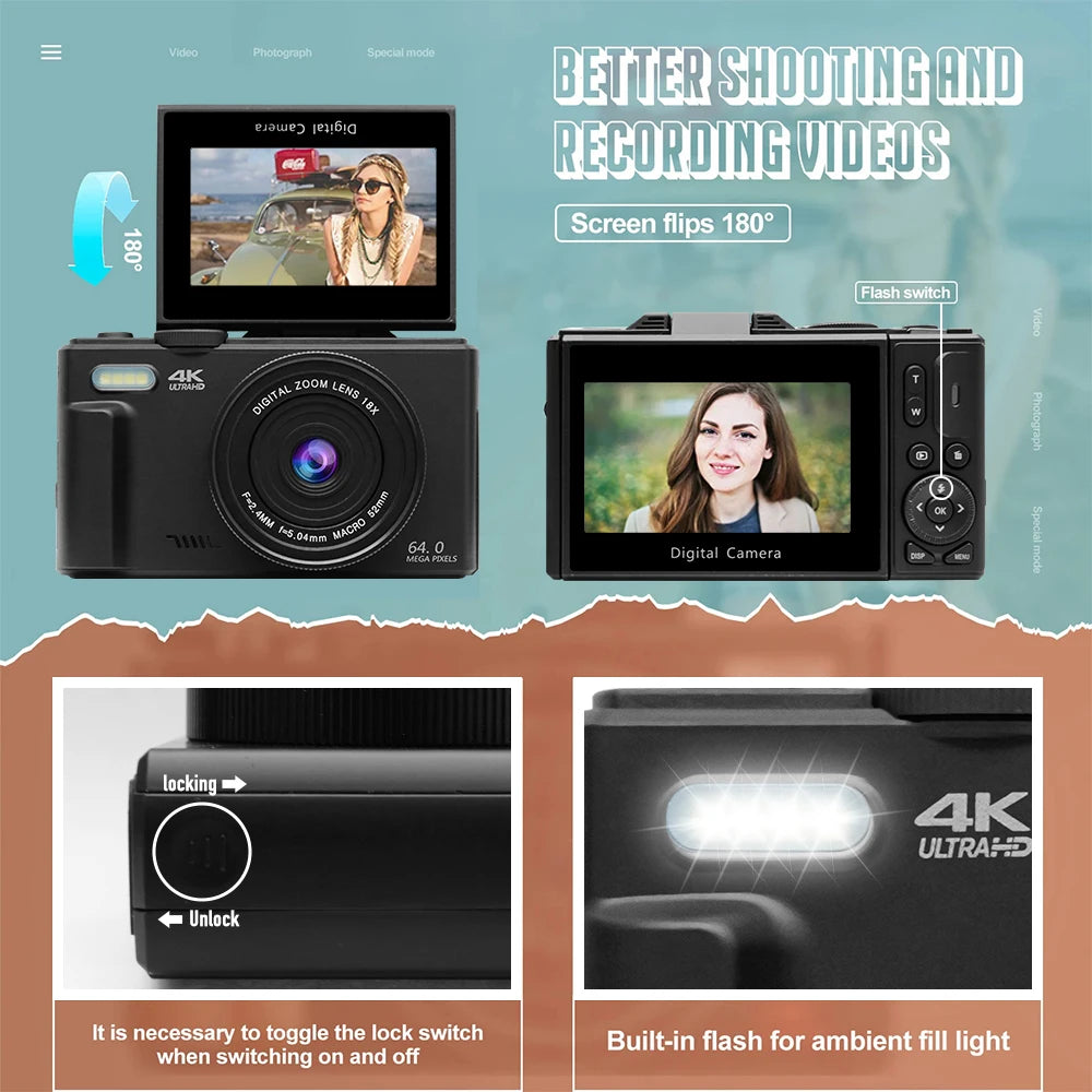 4K Compact Digital Camera with 18X Zoom and Flip Screen