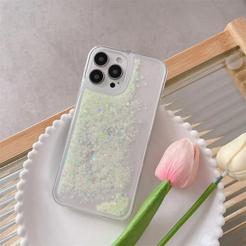 Luminous Quicksand Clear Case for iPhone 14/15/16 Pro Max – Light-Up Sequins Shell