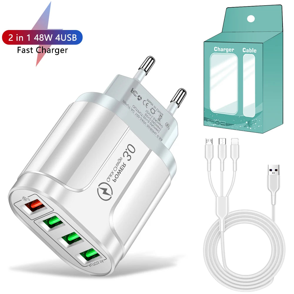 Four-port fast charger for mobile devices.