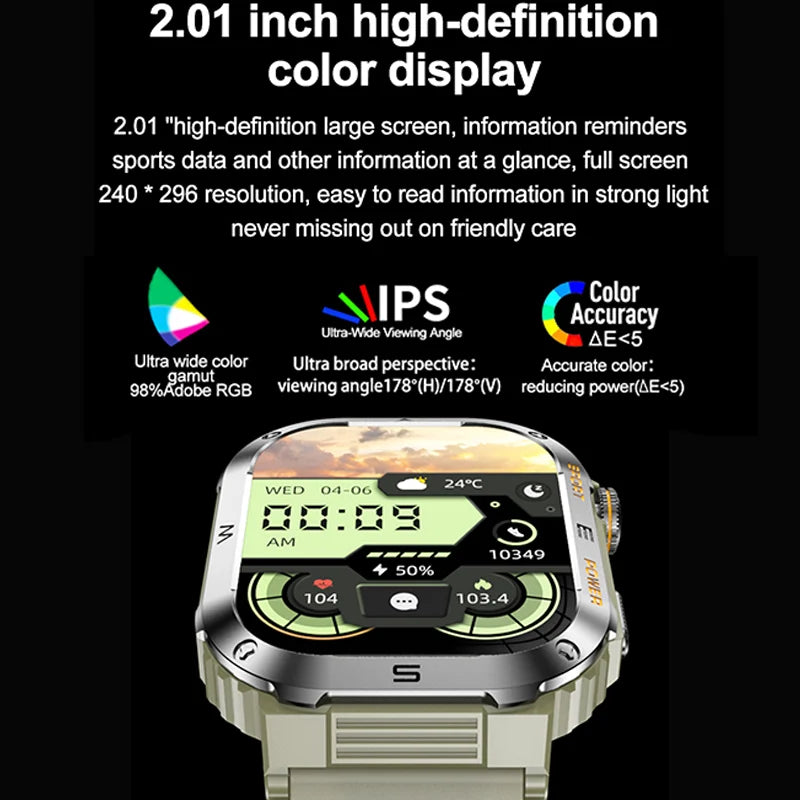 Rugged Military Smart Watch: IP68 Waterproof, 2.01'' HD, Bluetooth