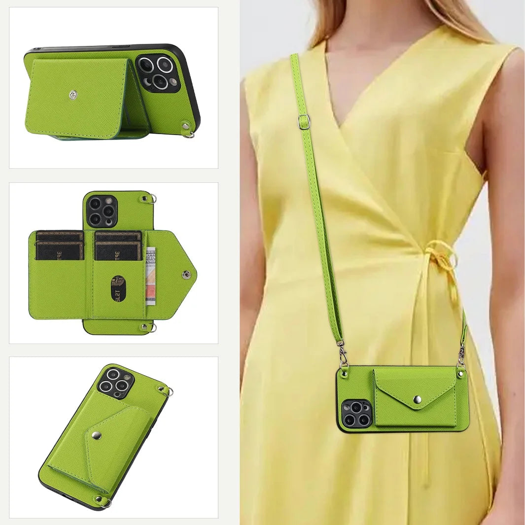 Crossbody Leather Wallet Case with Strap for iPhone 11-16 Pro Max, Mini, Plus