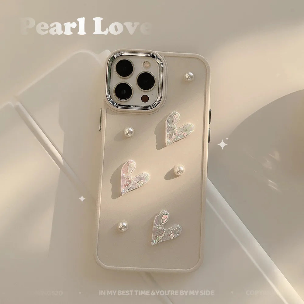 Ins Cute 3D Pearl Love Heart iPhone Case for 7-16 Pro Max, SE, XS, XR