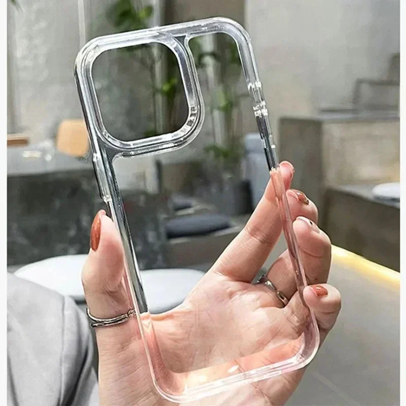 Transparent shockproof case for various iPhone models.