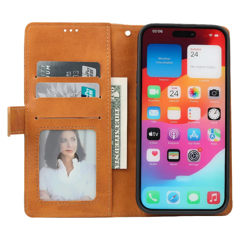 Flip Stand Leather Wallet Case for iPhone 6-15 Pro Max, SE, Mini