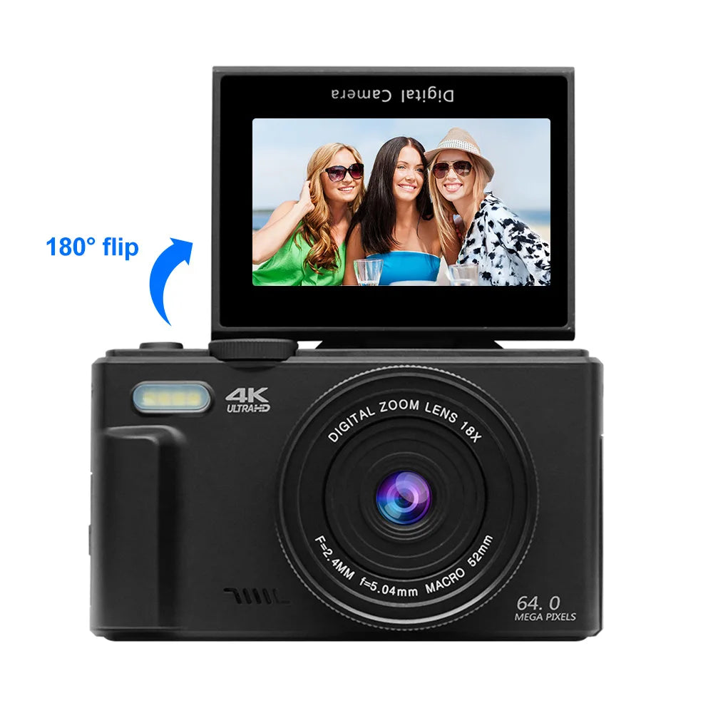 4K Compact Digital Camera with 18X Zoom and Flip Screen