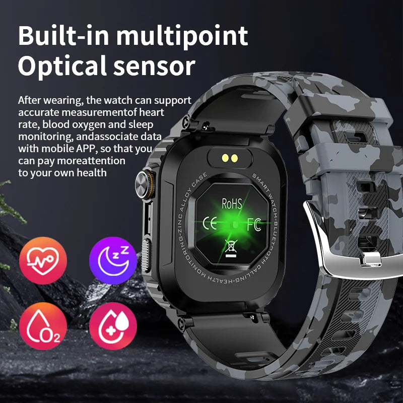 Rugged Military Smart Watch: IP68 Waterproof, 2.01'' HD, Bluetooth