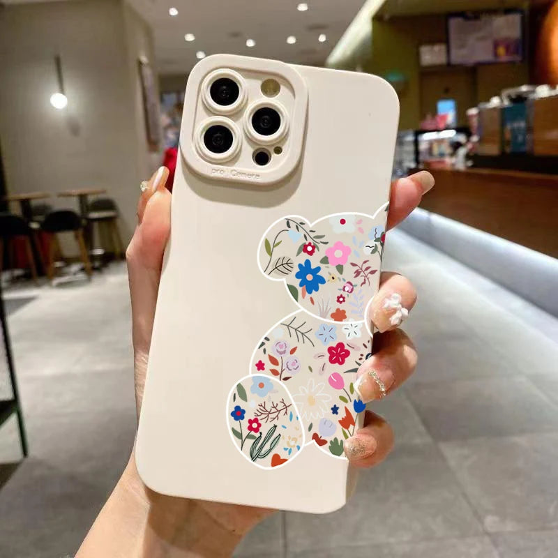 Floral Bear Painting iPhone Case for 7-16 Pro Max, SE, XS, XR