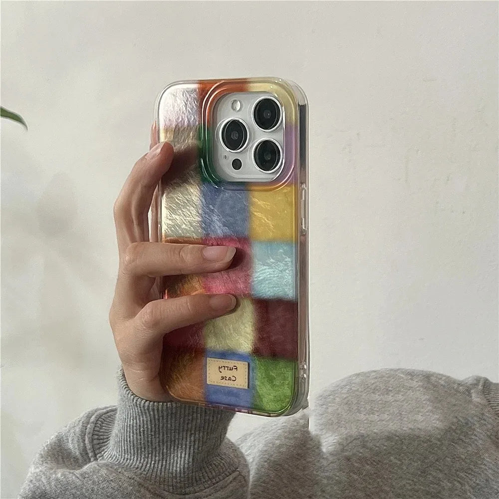 Cute Dopamine Color Block Plaid iPhone Case for 7-16 Pro Max, XS, XR, SE