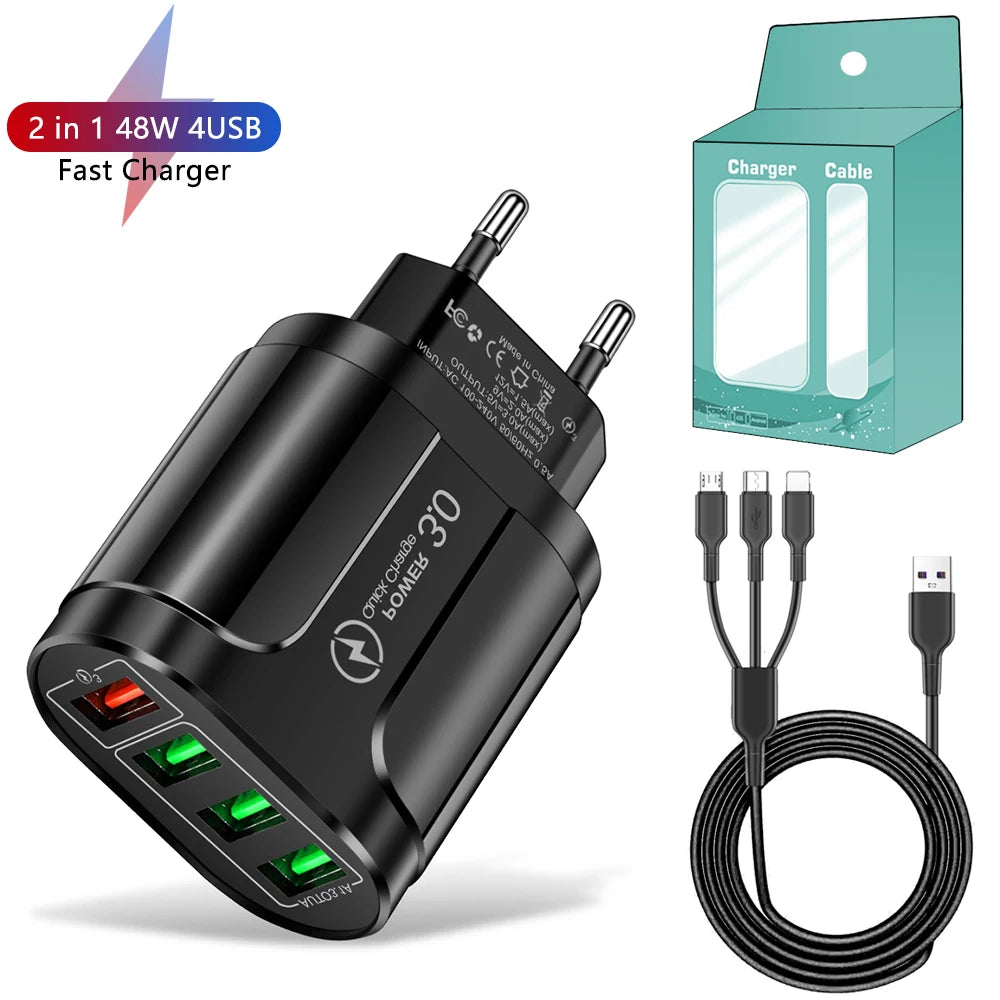 Four-port fast charger for mobile devices.